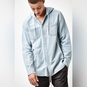 PacSun Men’s Denim Hooded Long Sleeve Button Down Cotton Shacket Shirt